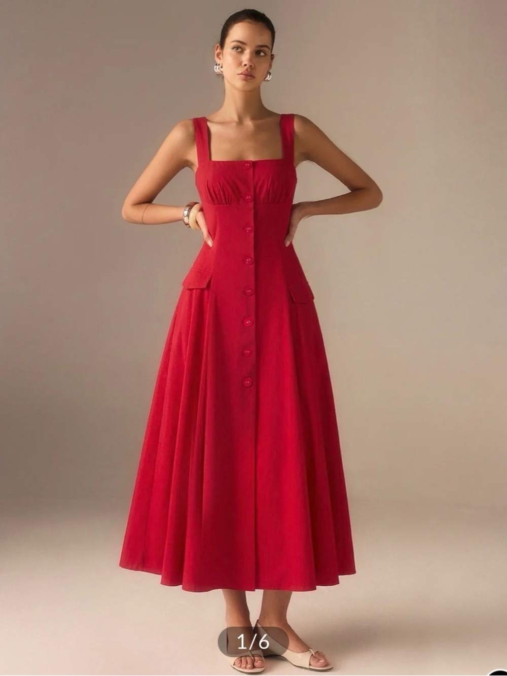 Commense Red Button-Front Midi Dress with Square Neck Small